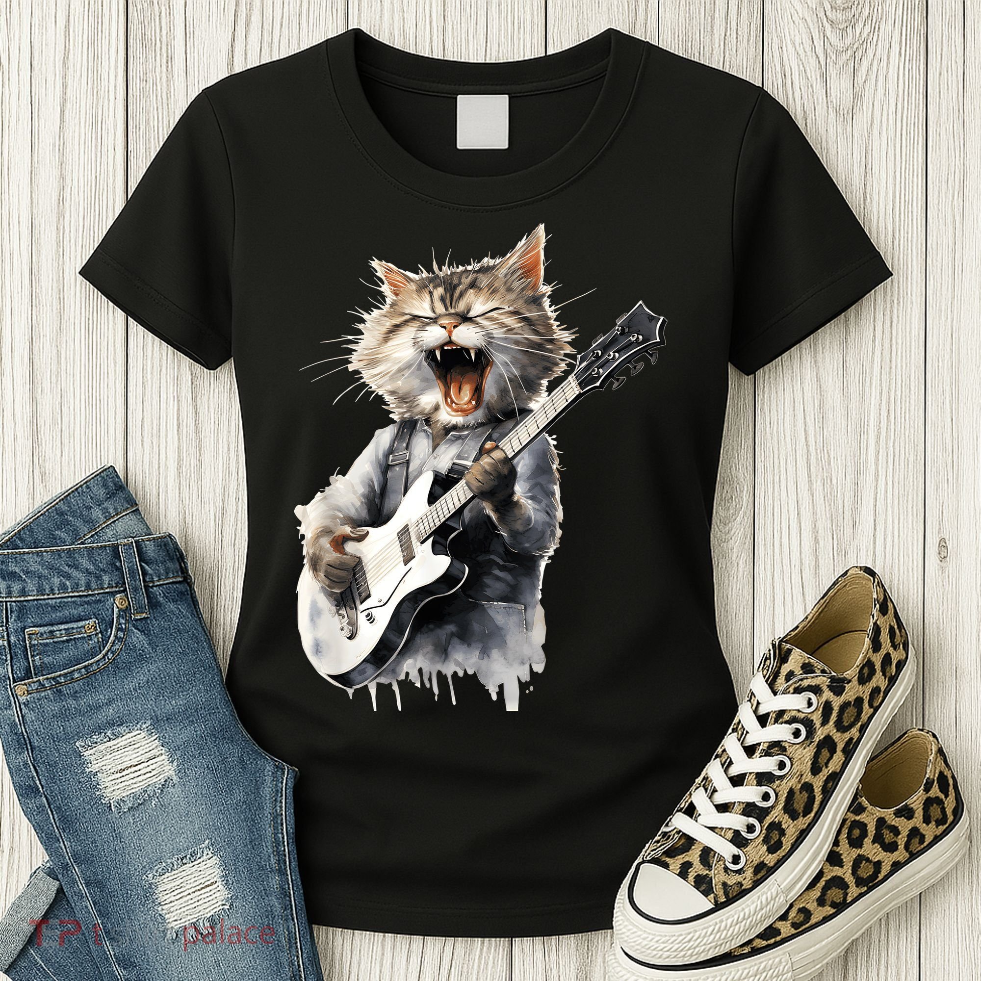 Guitar Cat Rock Cat Playing Guitar Women's T-Shirt