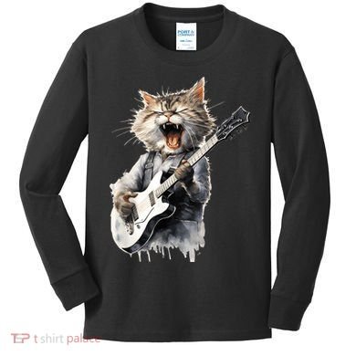 Guitar Cat Rock Cat Playing Guitar Kids Long Sleeve Shirt