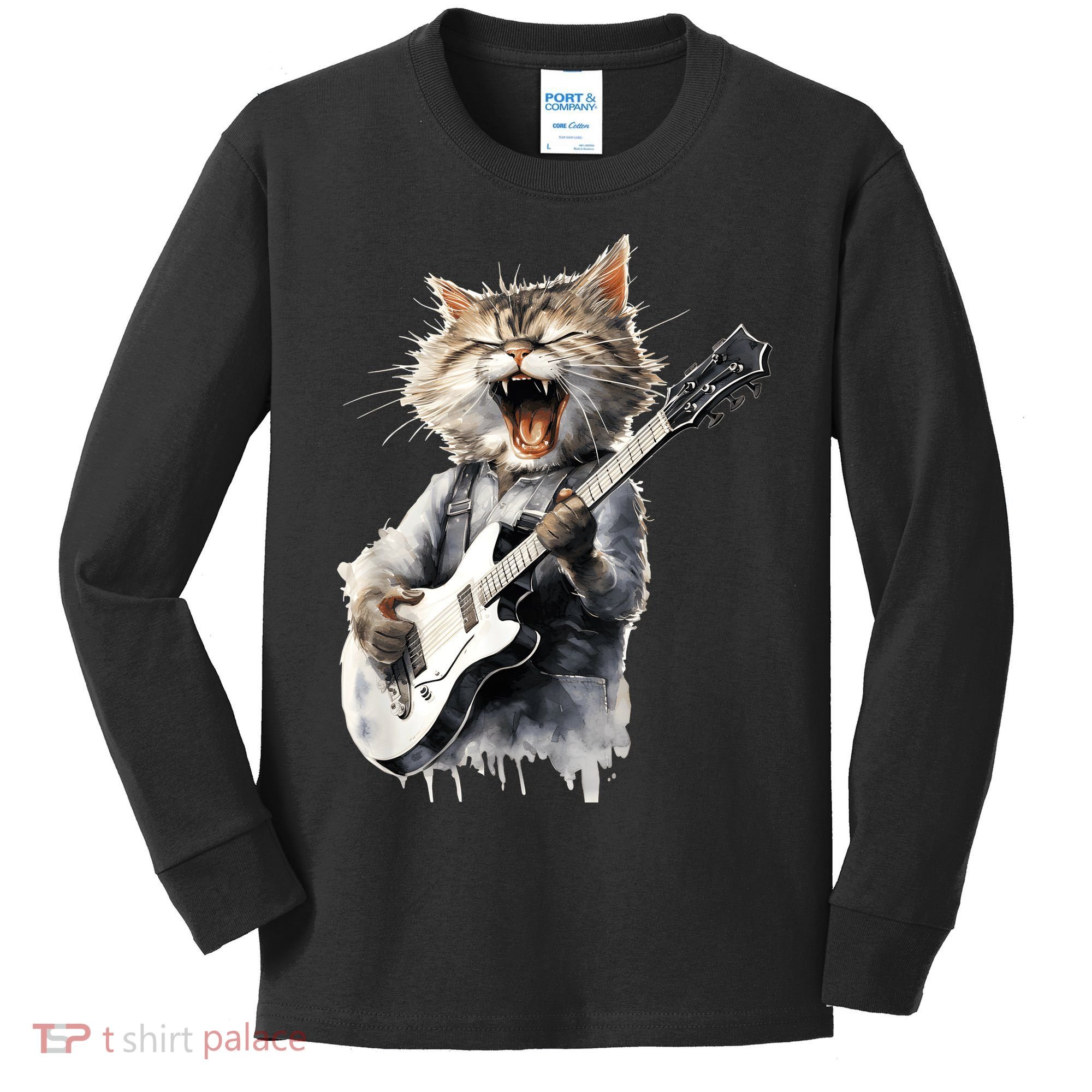 Guitar Cat Rock Cat Playing Guitar Kids Long Sleeve Shirt