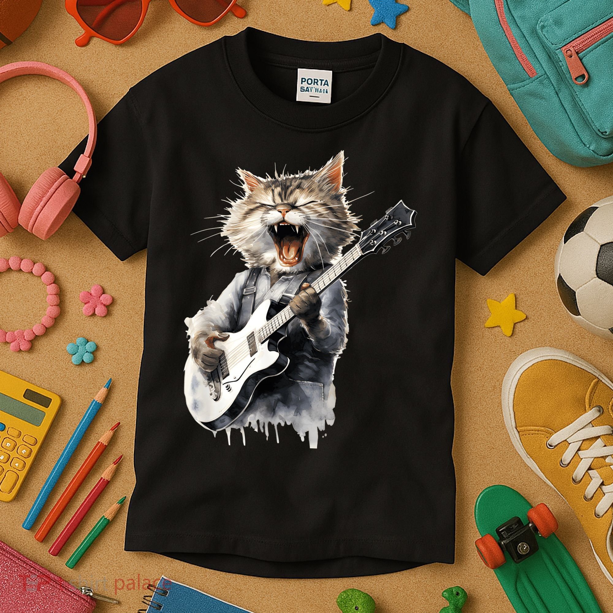 Guitar Cat Rock Cat Playing Guitar Kids T-Shirt