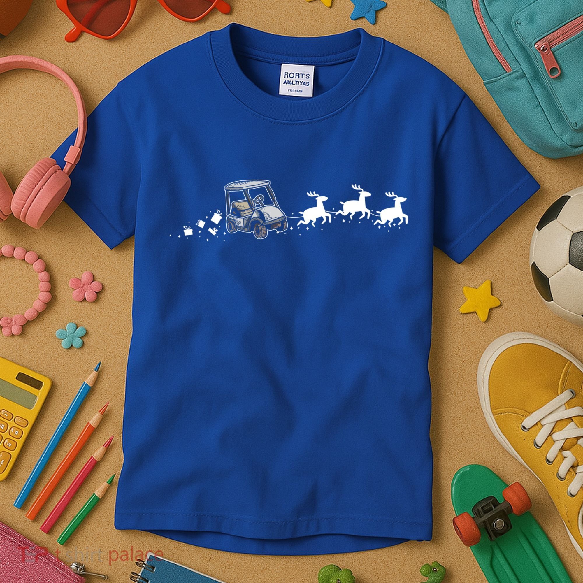 Golf Cart Santa Christmas Sleigh Funny Golf Cart Xmas Gift Kids T-Shirt