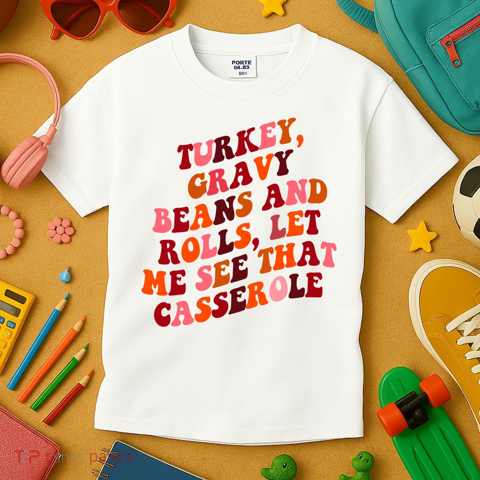 Groovy Cute Turkey Gravy Beans And Roll Thanksgiving Kids T-Shirt