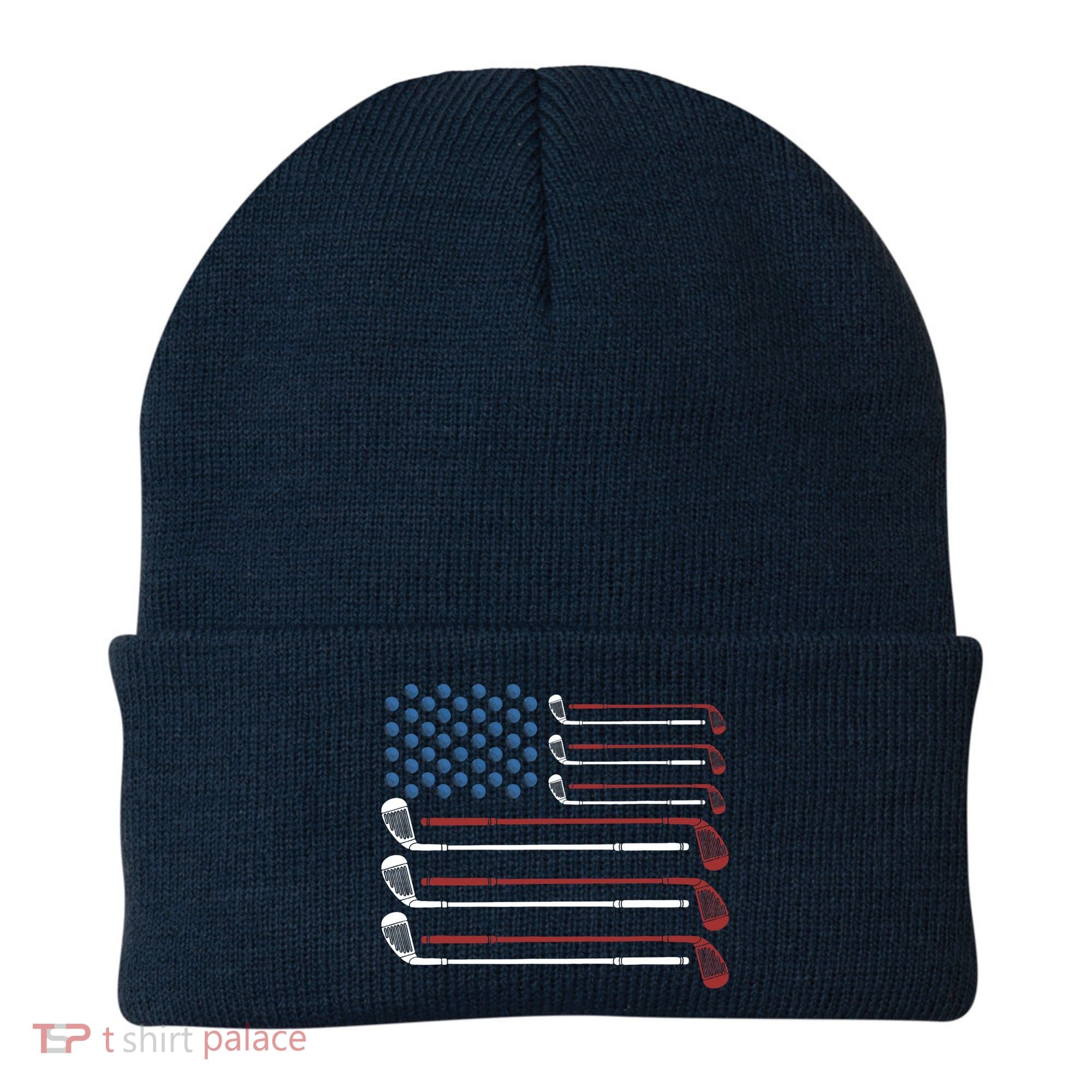 Golf Clubs USA Flag Red White And Blue Beanie