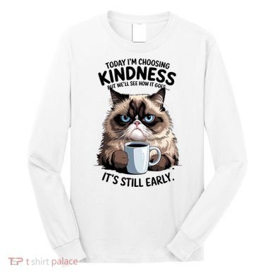 Grumpy Cat With Coffee Funny Meme Quote Long Sleeve Shirt