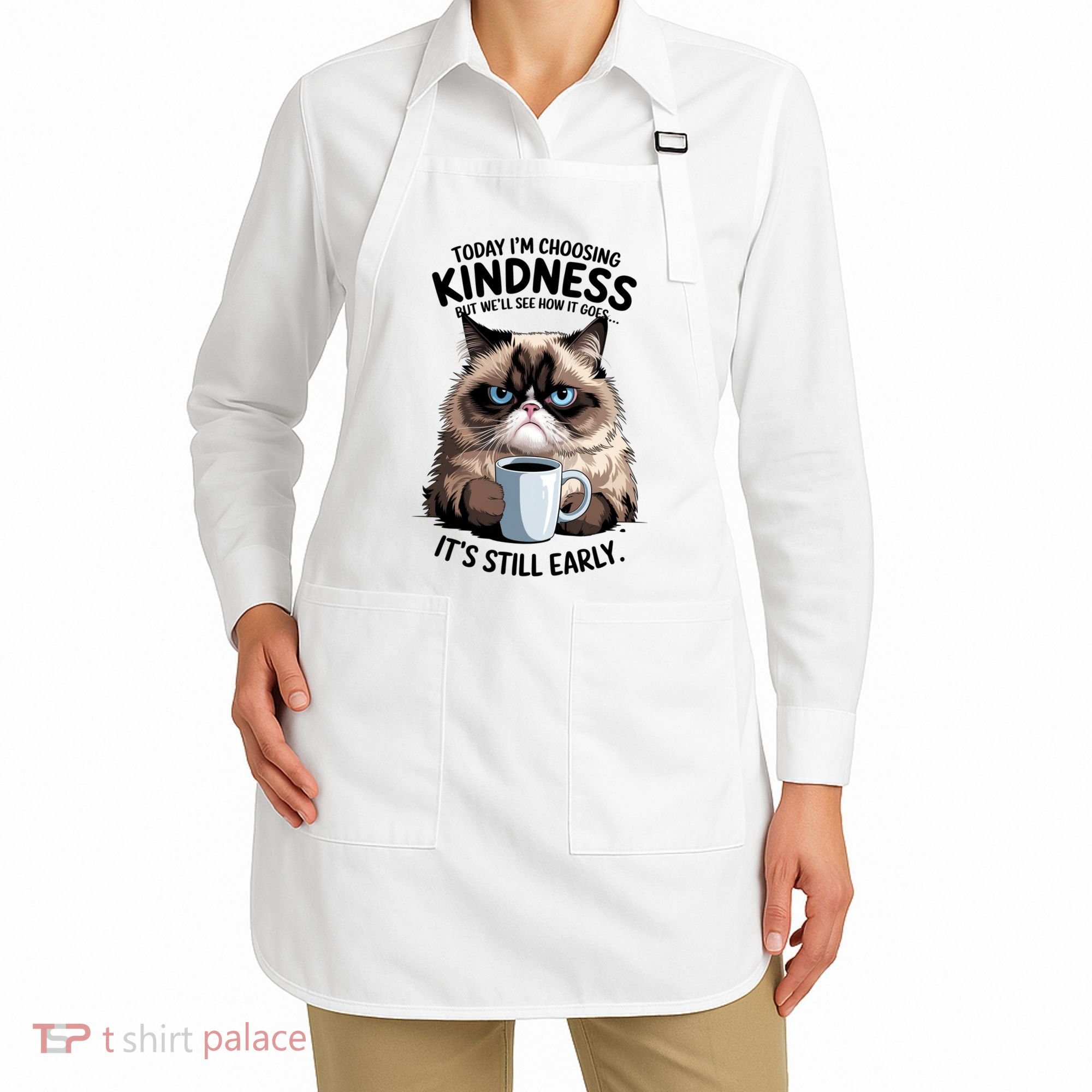 Grumpy Cat With Coffee Funny Meme Quote Apron