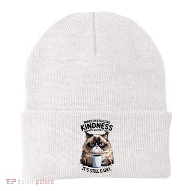 Grumpy Cat With Coffee Funny Meme Quote Beanie