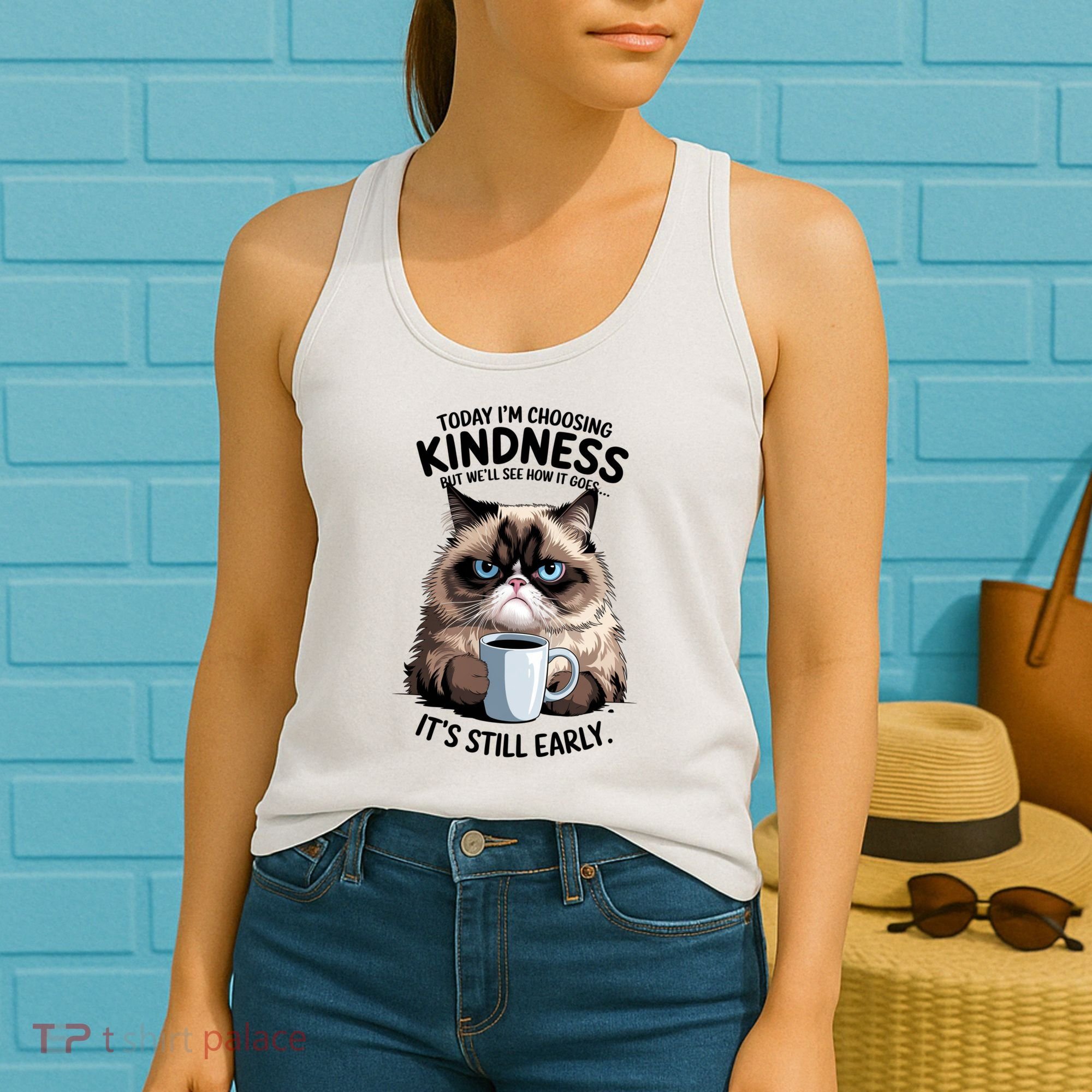 Grumpy Cat With Coffee Funny Meme Quote Women's Tank Top