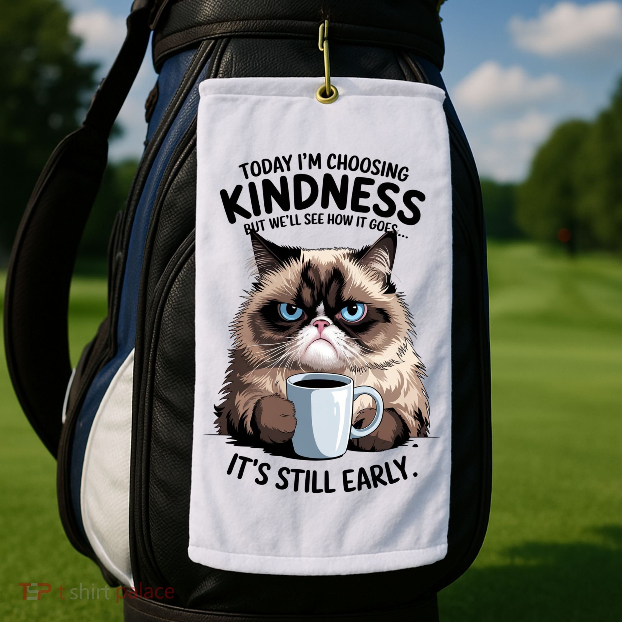 Grumpy Cat With Coffee Funny Meme Quote Golf Towel