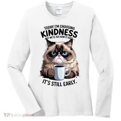 Grumpy Cat With Coffee Funny Meme Quote Women's Long Sleeve Shirt