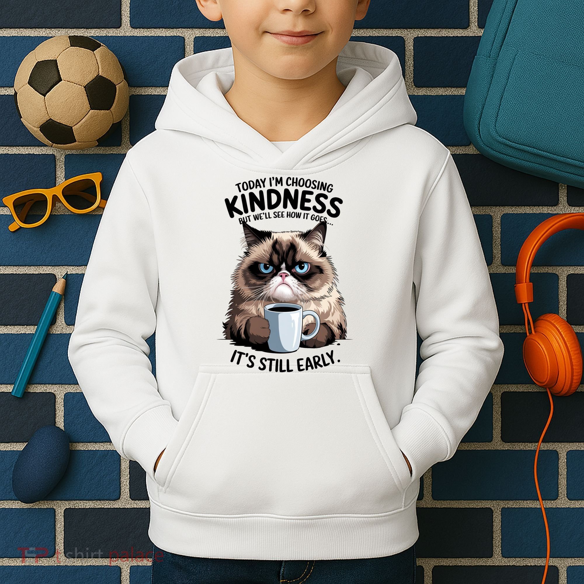 Grumpy Cat With Coffee Funny Meme Quote Kids Hoodie