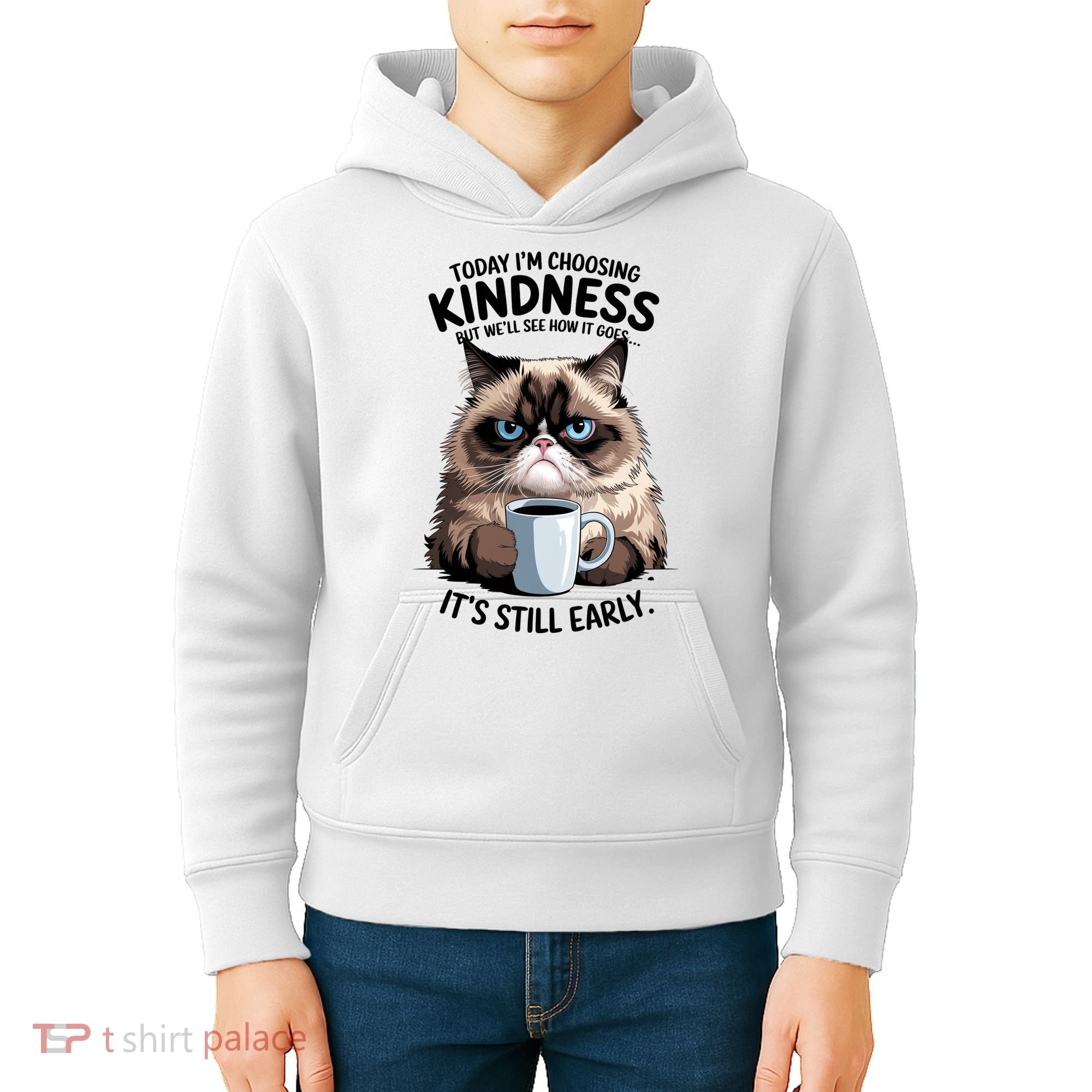 Grumpy Cat With Coffee Funny Meme Quote Kids Hoodie