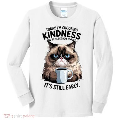 Grumpy Cat With Coffee Funny Meme Quote Kids Long Sleeve Shirt