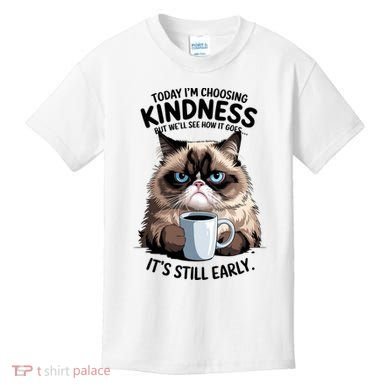 Grumpy Cat With Coffee Funny Meme Quote Kids T-Shirt