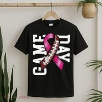 Game Day Breast Cancer Awareness Pink Football Ribbon T-Shirt thumb 2