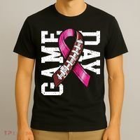 Game Day Breast Cancer Awareness Pink Football Ribbon T-Shirt thumb 3