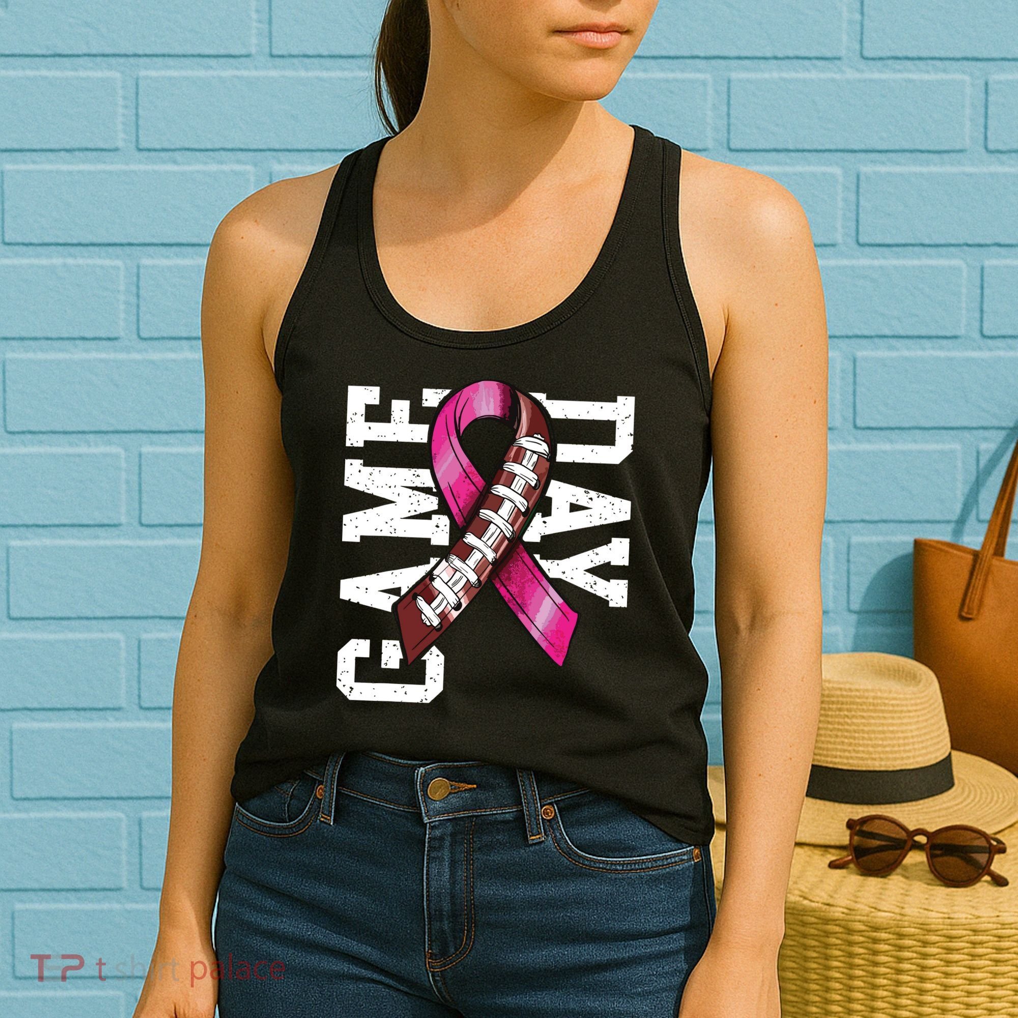 Game Day Breast Cancer Awareness Pink Football Ribbon Women's Tank Top