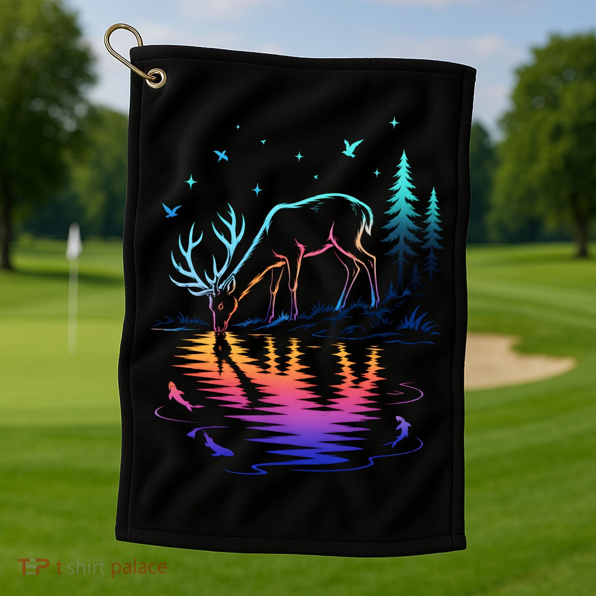 Glowing Deer By The Water: Nature Lover's Golf Towel