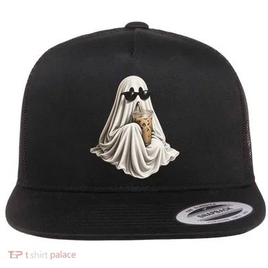 Ghost Drinking Coffee Flat Bill Trucker Hat