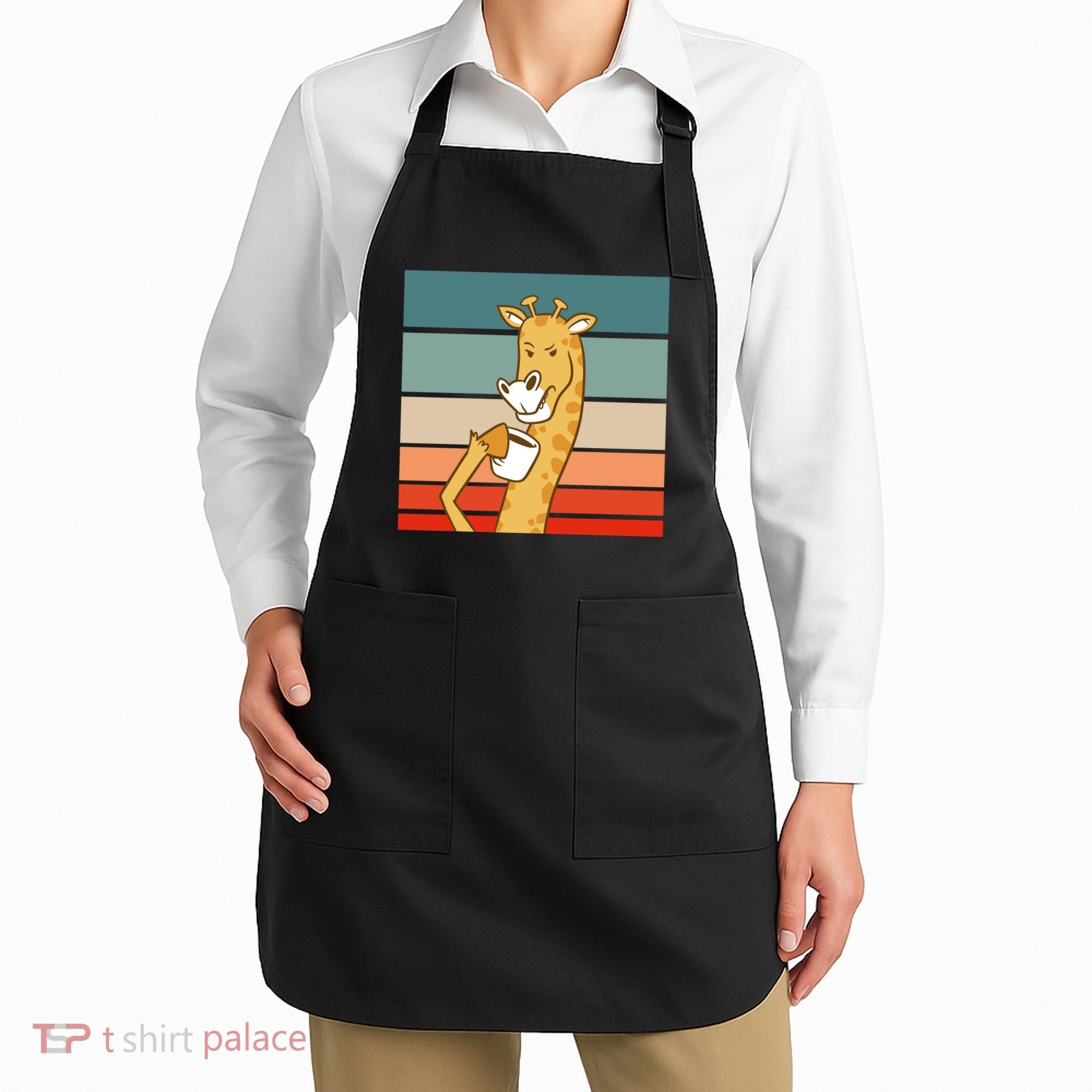 Giraffe Drinking Coffee Retro Sunset Apron