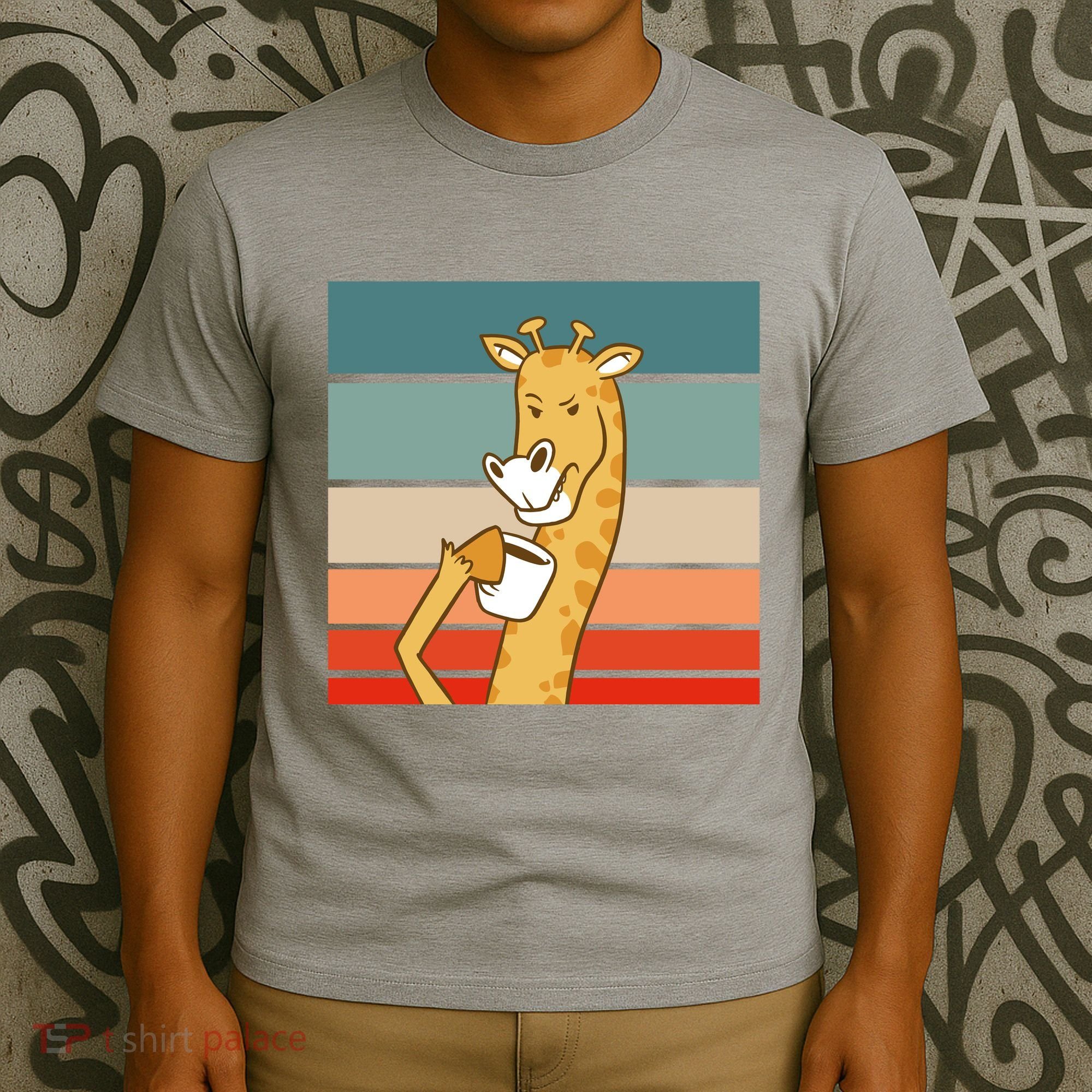 Giraffe Drinking Coffee Retro Sunset T-Shirt