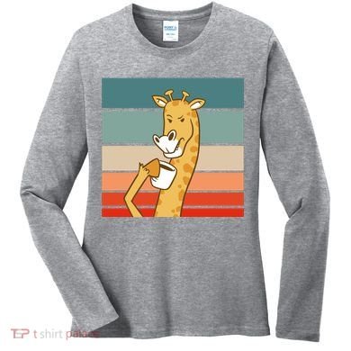 Giraffe Drinking Coffee Retro Sunset Women's Long Sleeve Shirt