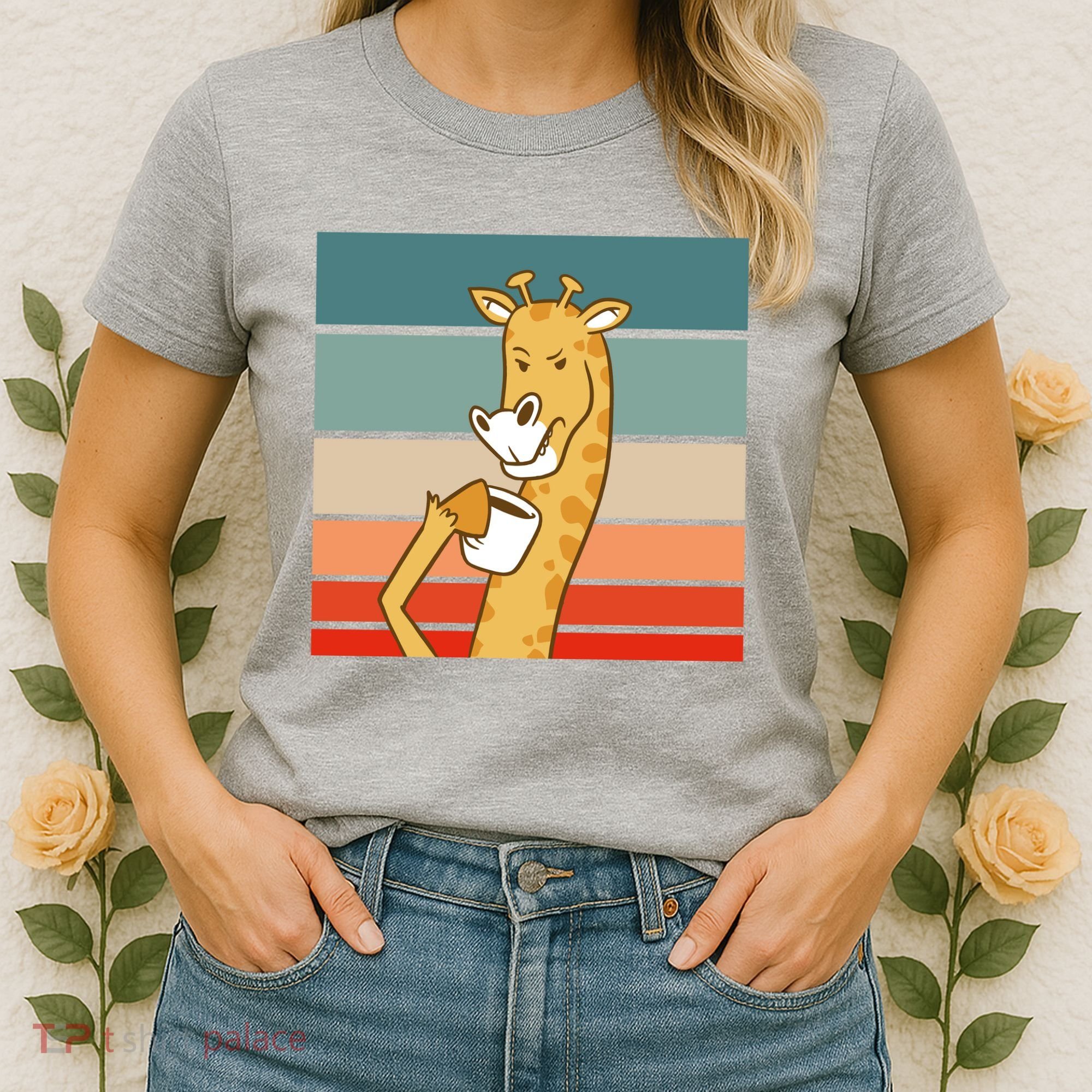 Giraffe Drinking Coffee Retro Sunset Women's T-Shirt