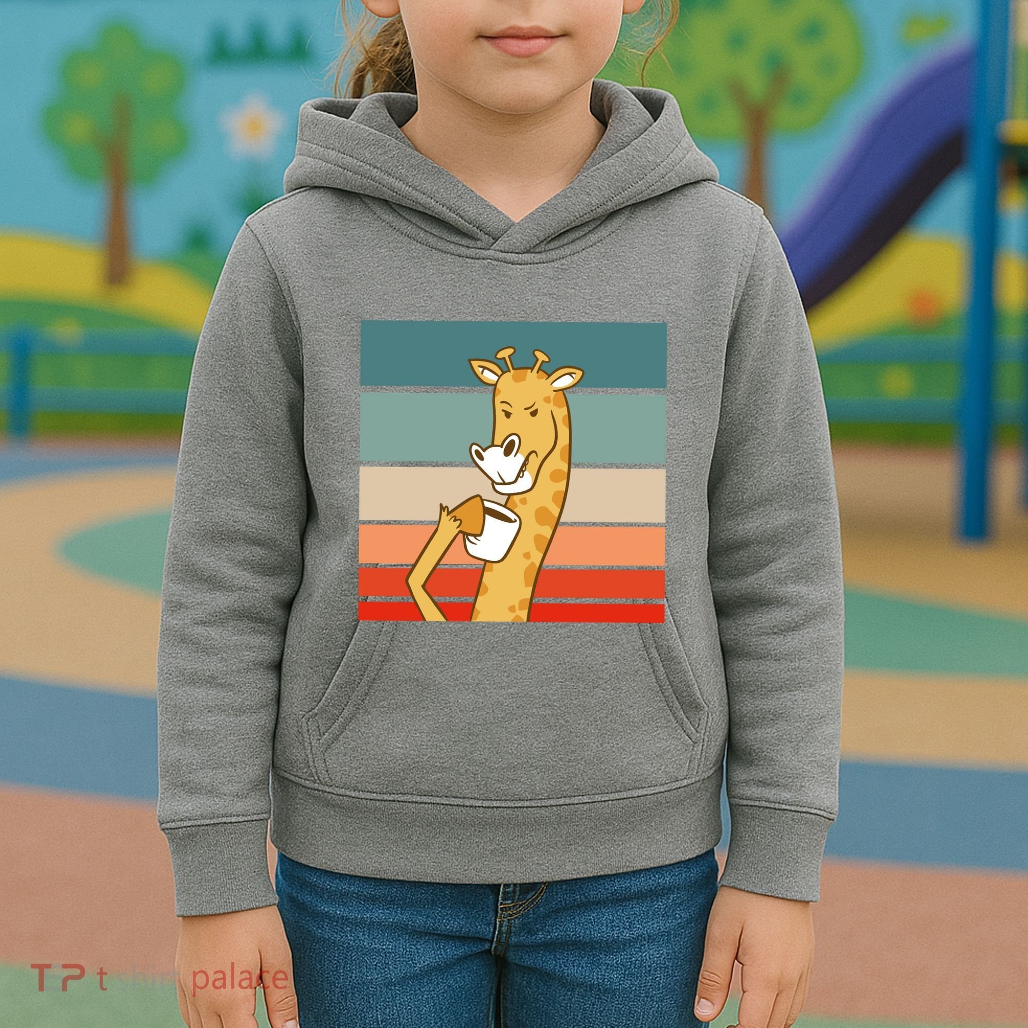 Giraffe Drinking Coffee Retro Sunset Kids Hoodie