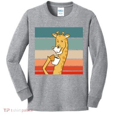 Giraffe Drinking Coffee Retro Sunset Kids Long Sleeve Shirt