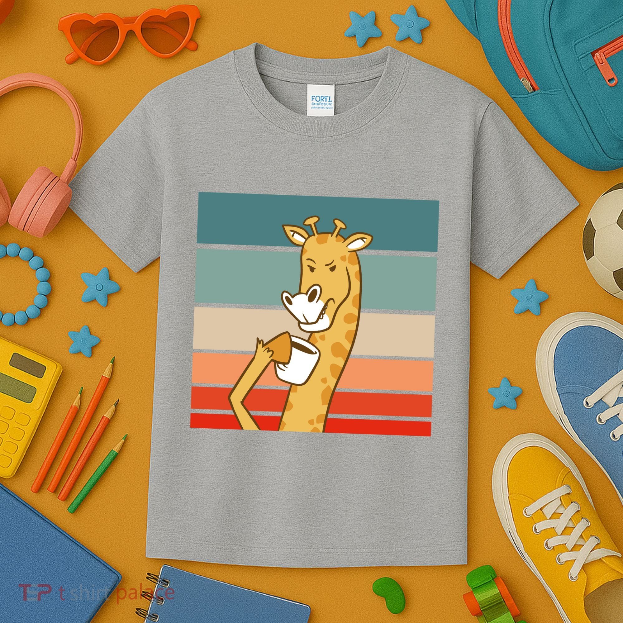 Giraffe Drinking Coffee Retro Sunset Kids T-Shirt