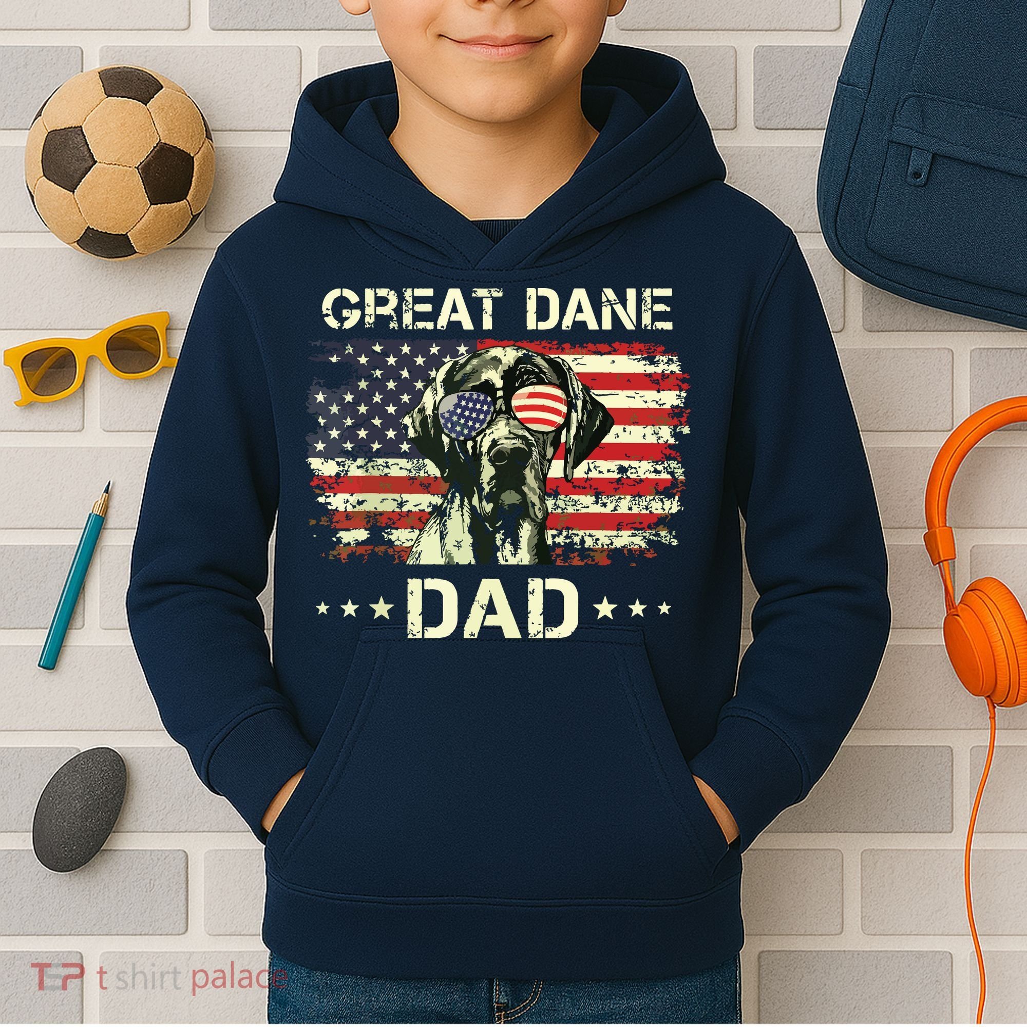 Great Dane Dad Dog Lovers American Flag 4th Of July Kids Hoodie