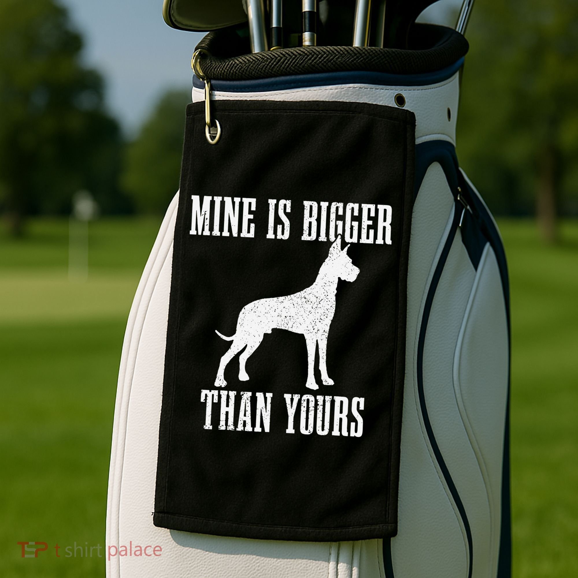 Great Dane Dog Mine Is Bigger Than Yours Great Dane Mom Dad Golf Towel