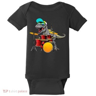Great Dinosaurs Drums Music Playing Rex Design Baby Bodysuit