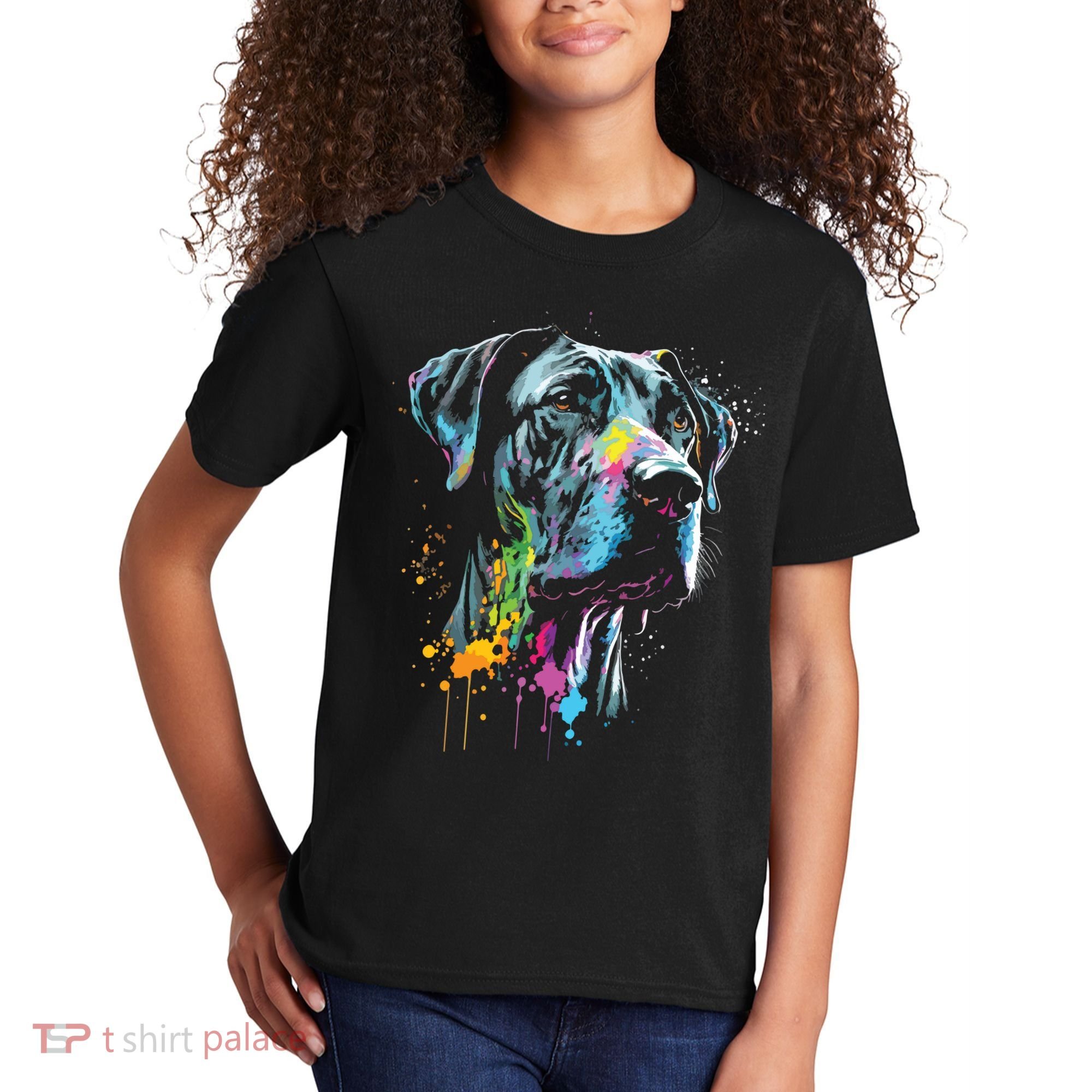 Great Dane Face Splash Art Portrait For Dog Owners Kids T-Shirt