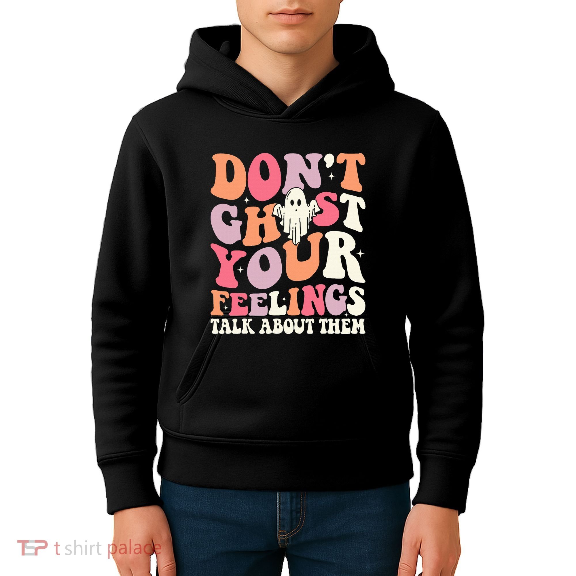 Groovy Don't Ghost Your Feelings Halloween Mental Health Kids Hoodie