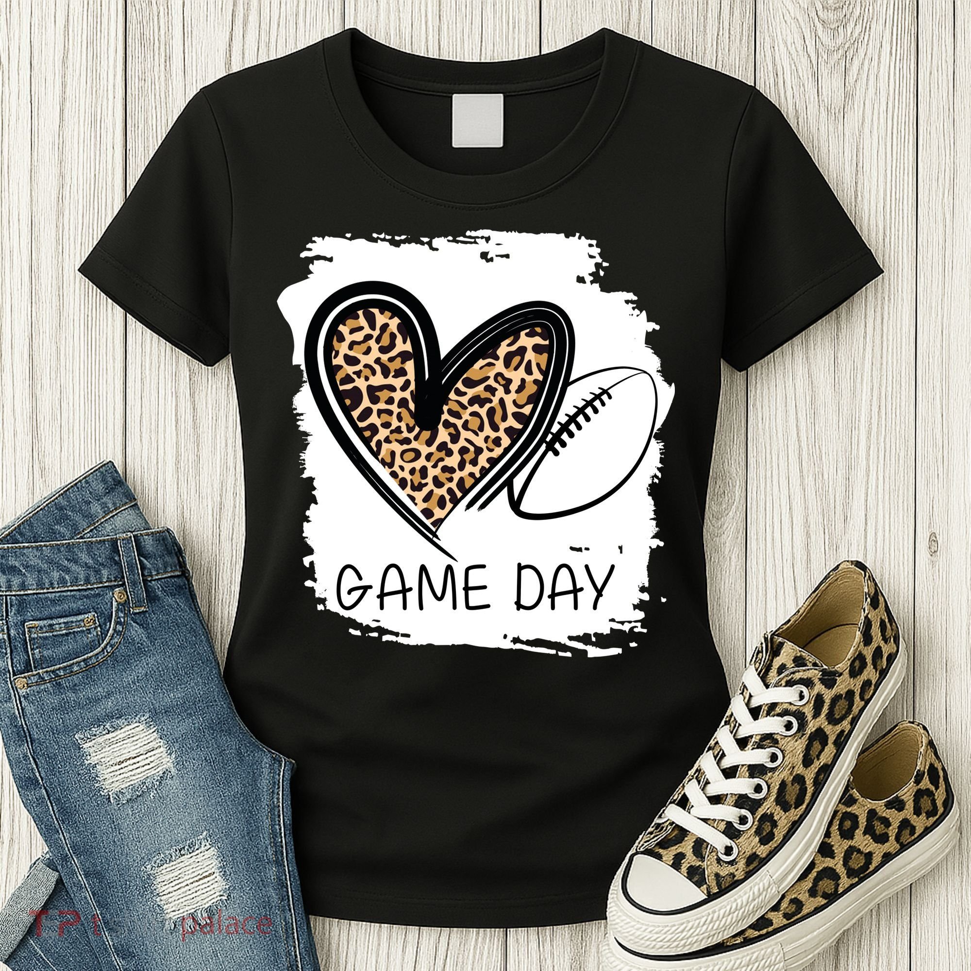Game Day Leopard Football Fan Cute Heart Women's T-Shirt