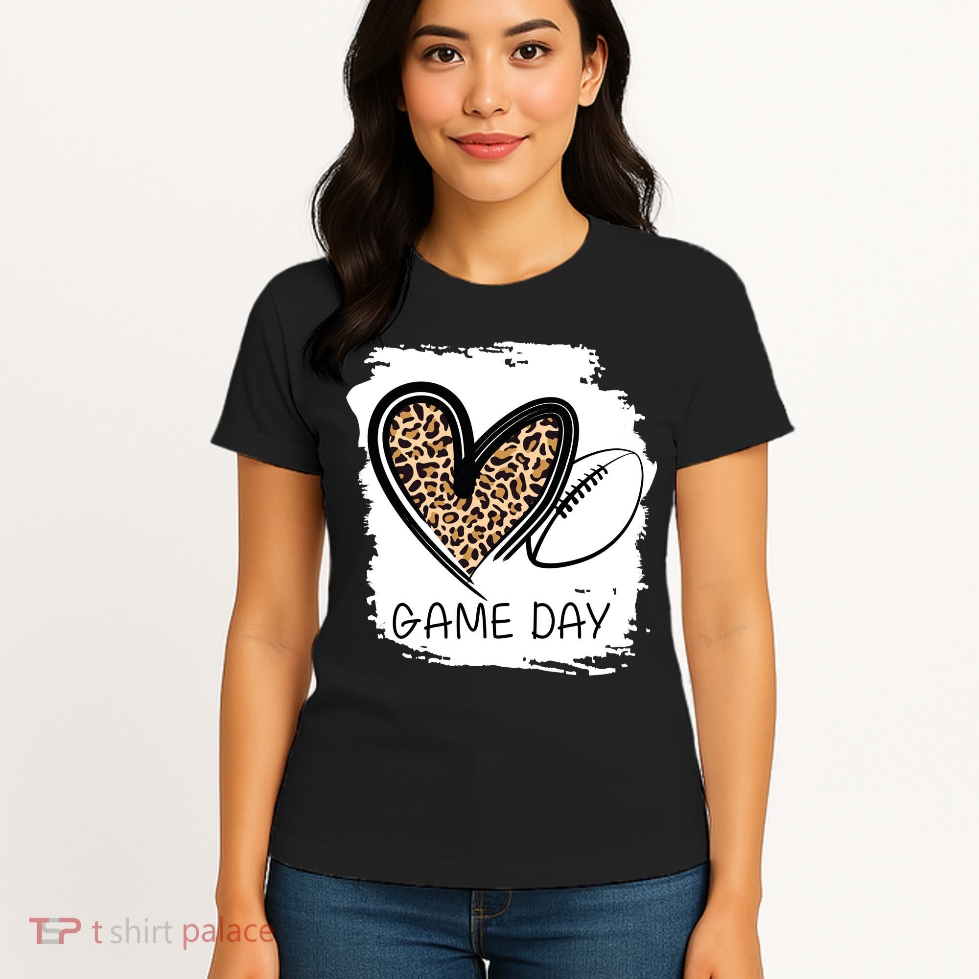 Game Day Leopard Football Fan Cute Heart Women's T-Shirt