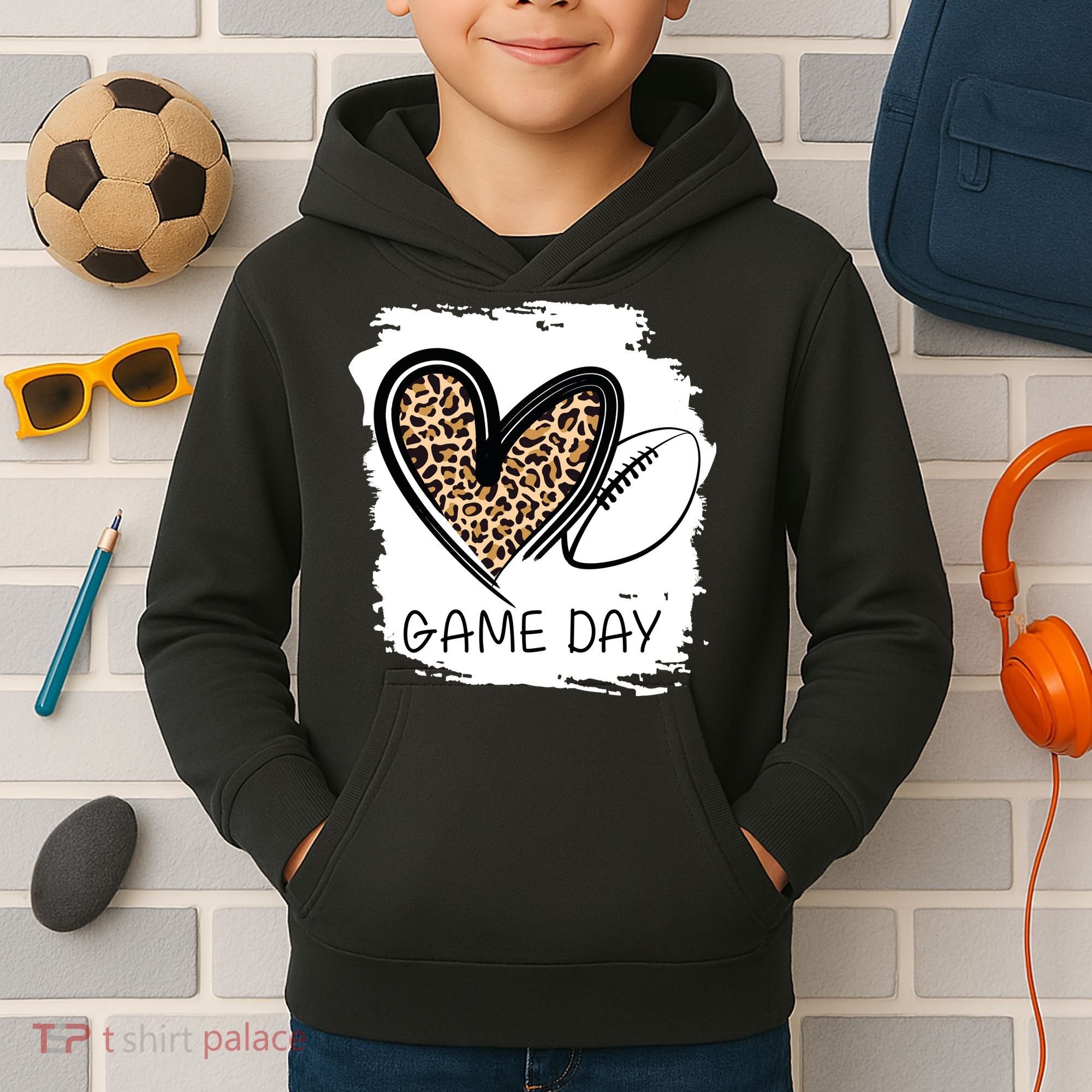 Game Day Leopard Football Fan Cute Heart Kids Hoodie