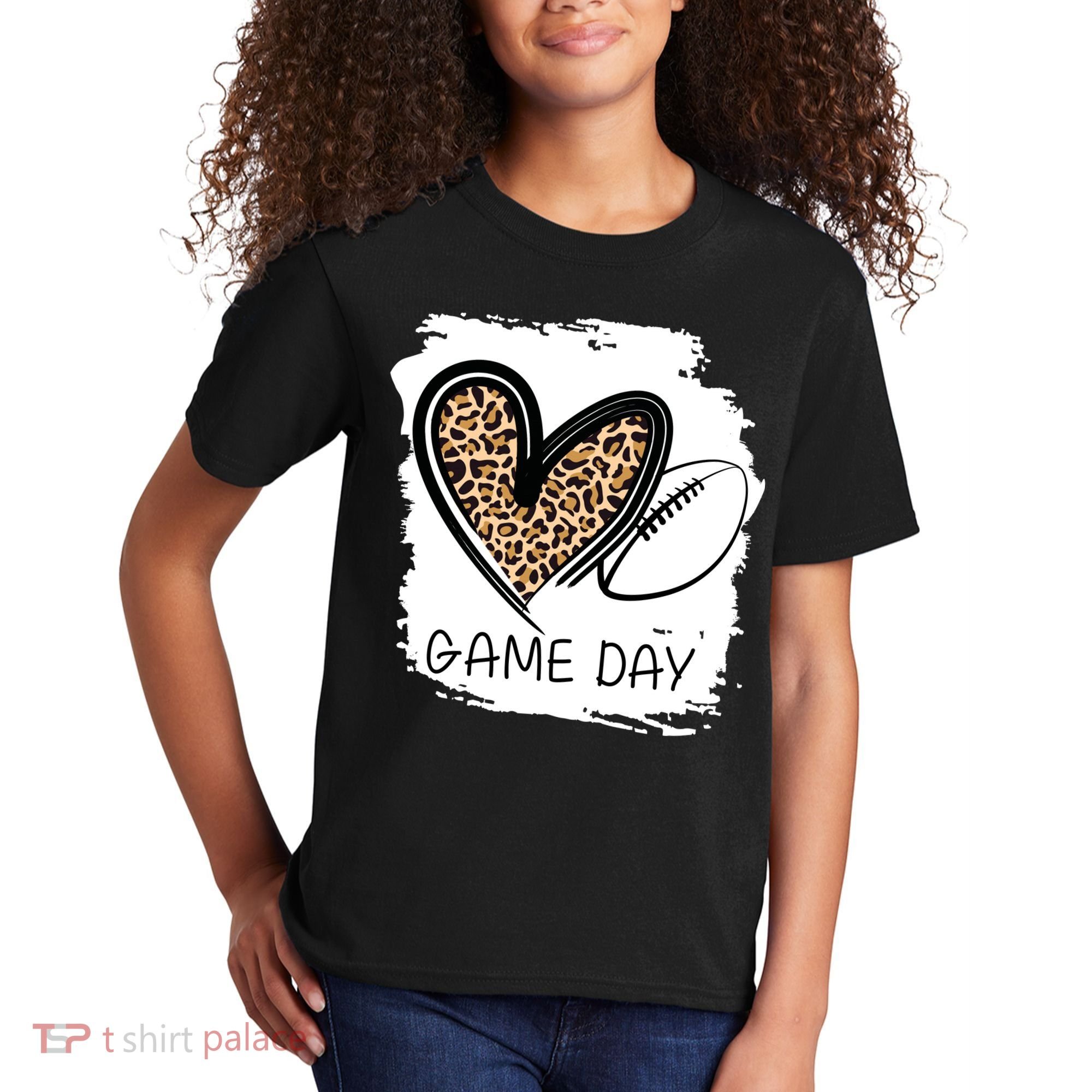 Game Day Leopard Football Fan Cute Heart Kids T-Shirt