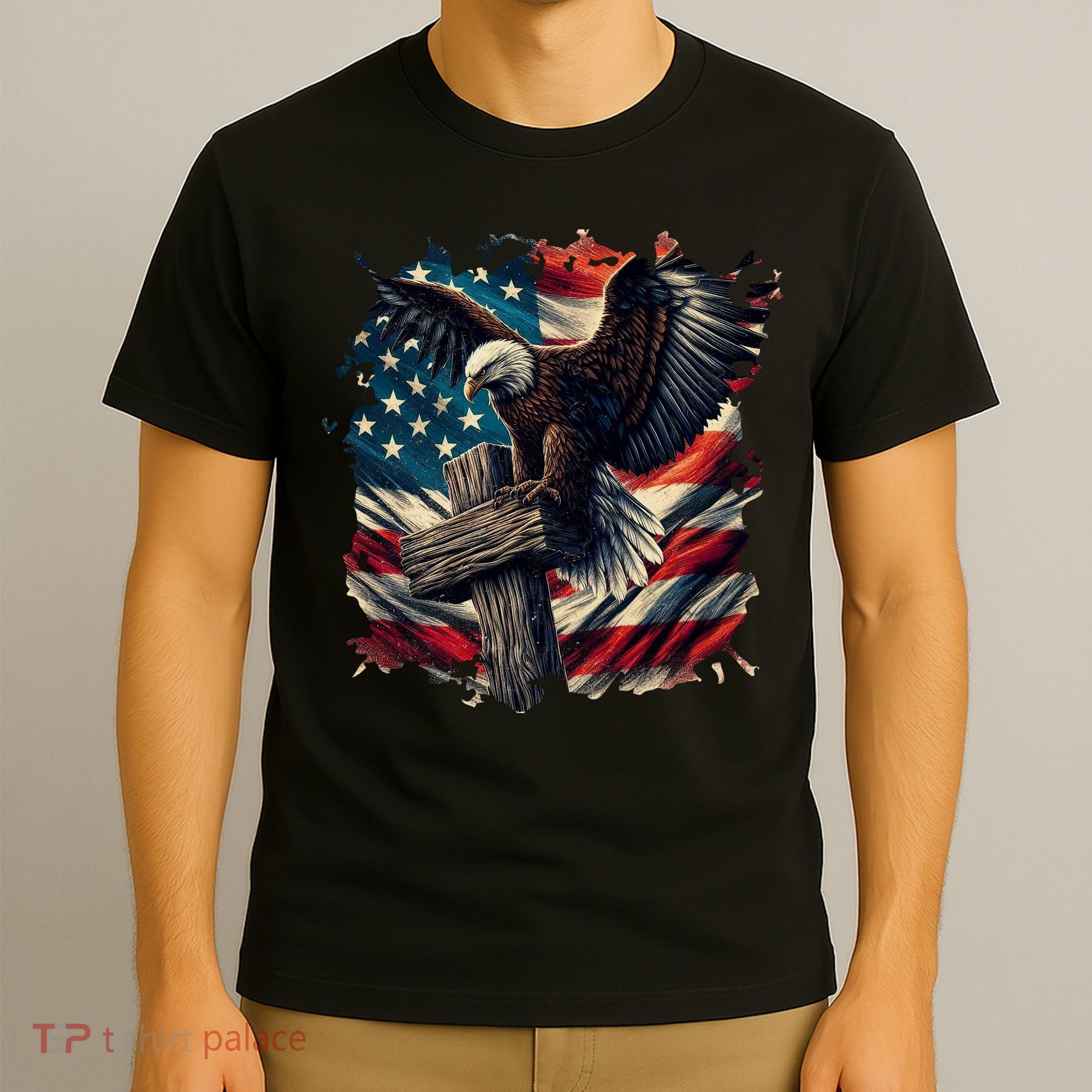 Grunge Distressed USA American Flag Christian Cross Eagle T-Shirt