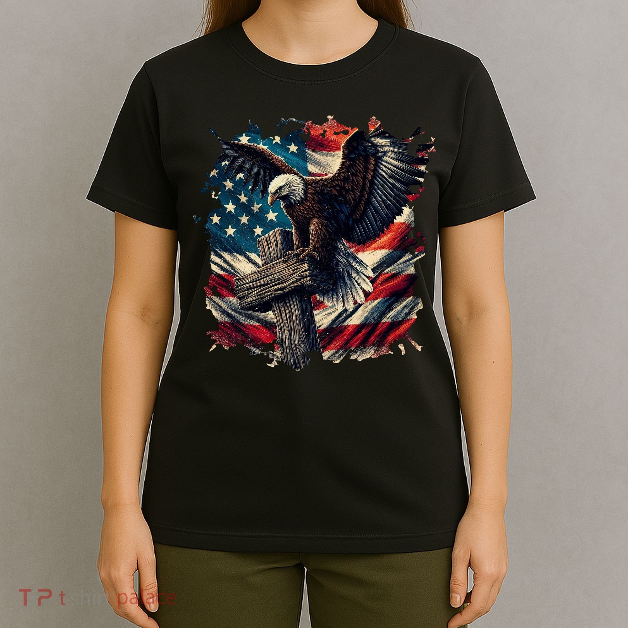 Grunge Distressed USA American Flag Christian Cross Eagle T-Shirt