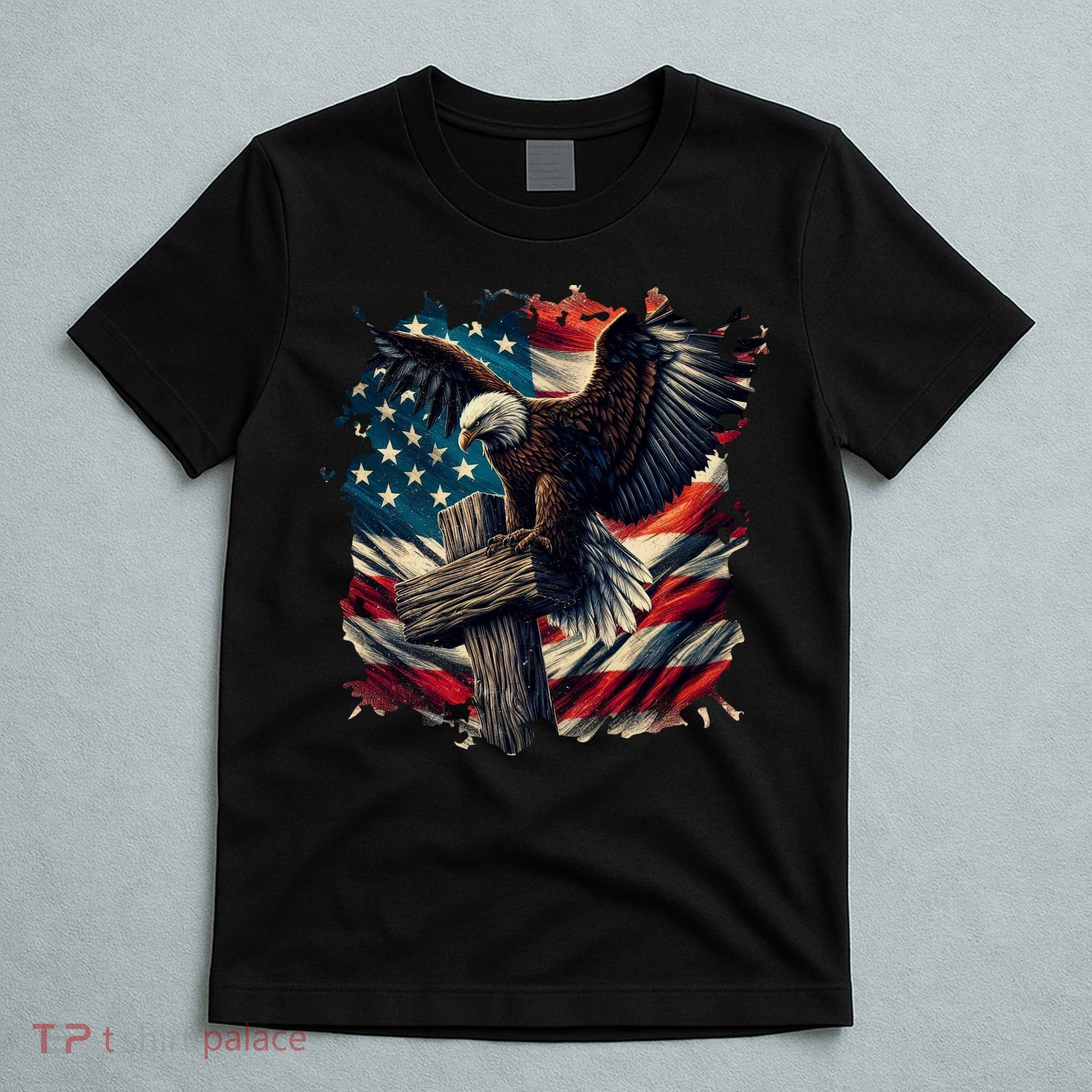 Grunge Distressed USA American Flag Christian Cross Eagle T-Shirt