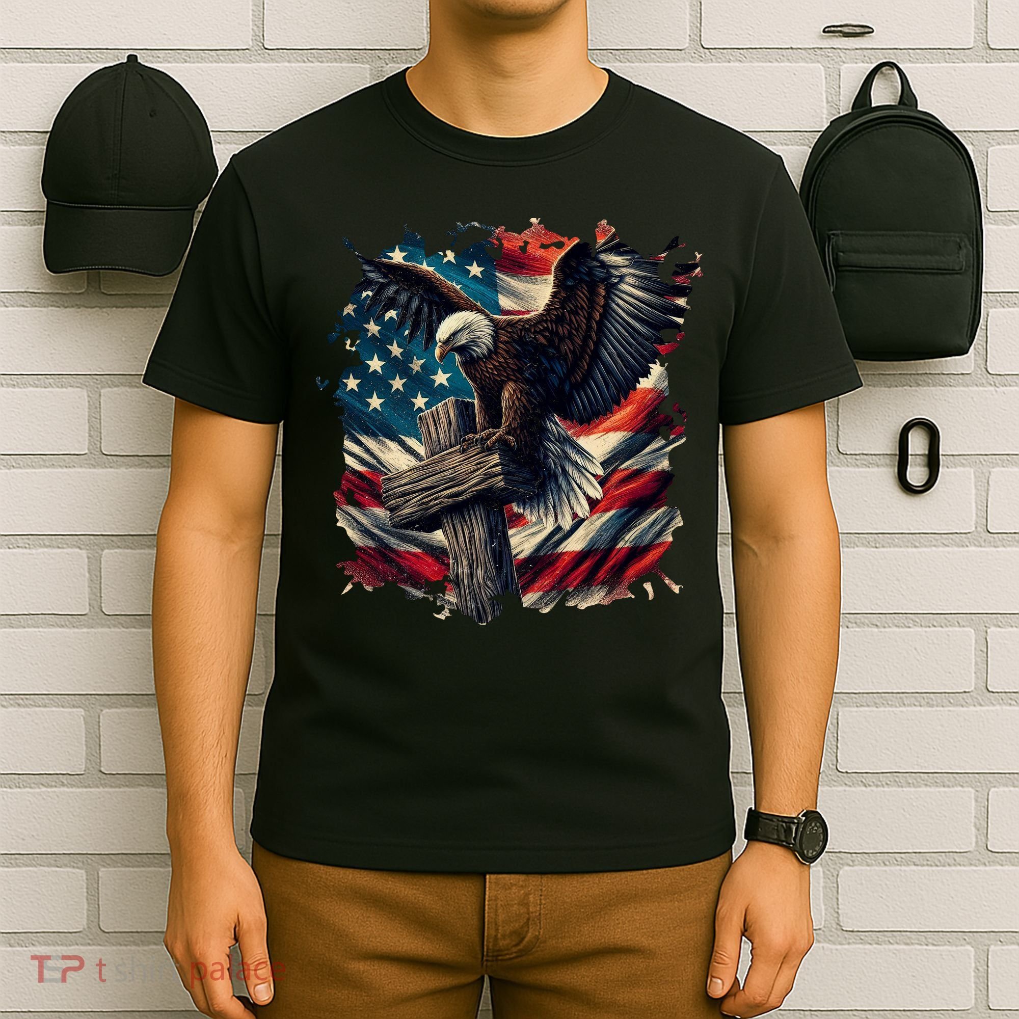 Grunge Distressed USA American Flag Christian Cross Eagle T-Shirt