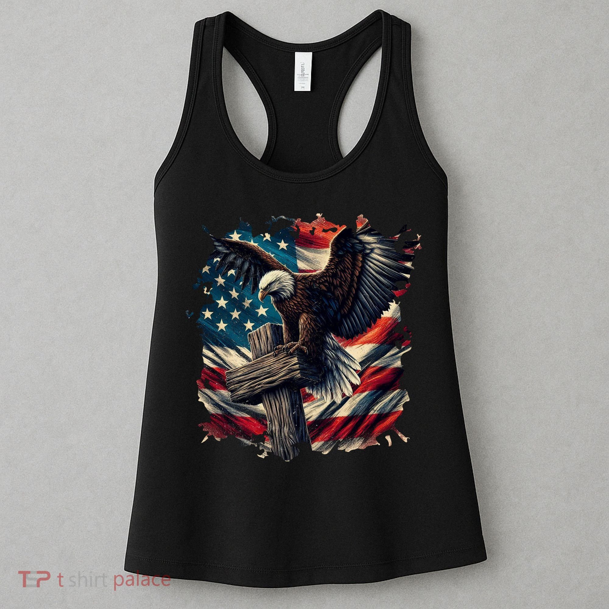 Grunge Distressed USA American Flag Christian Cross Eagle Women's Tank Top