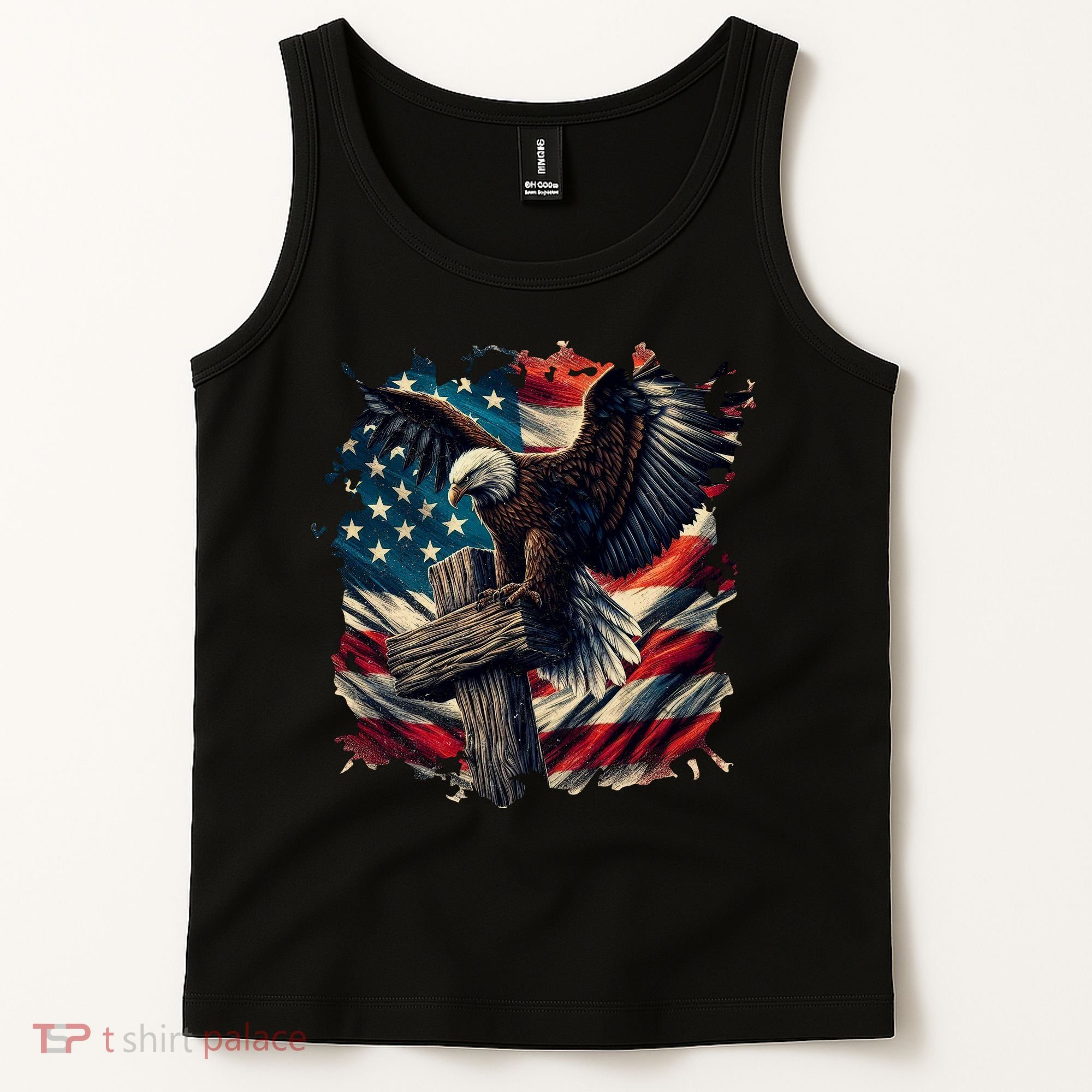 Grunge Distressed USA American Flag Christian Cross Eagle Tank Top