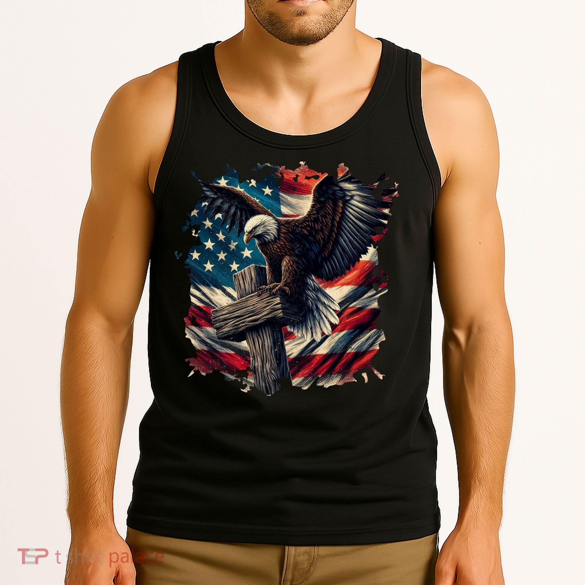 Grunge Distressed USA American Flag Christian Cross Eagle Tank Top