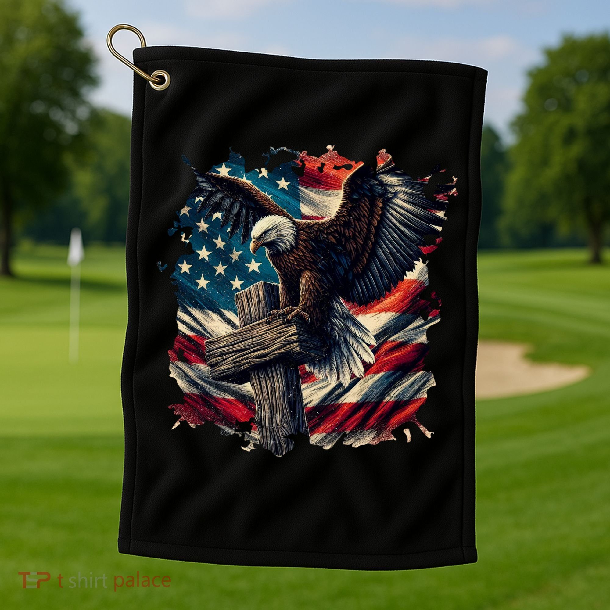 Grunge Distressed USA American Flag Christian Cross Eagle Golf Towel