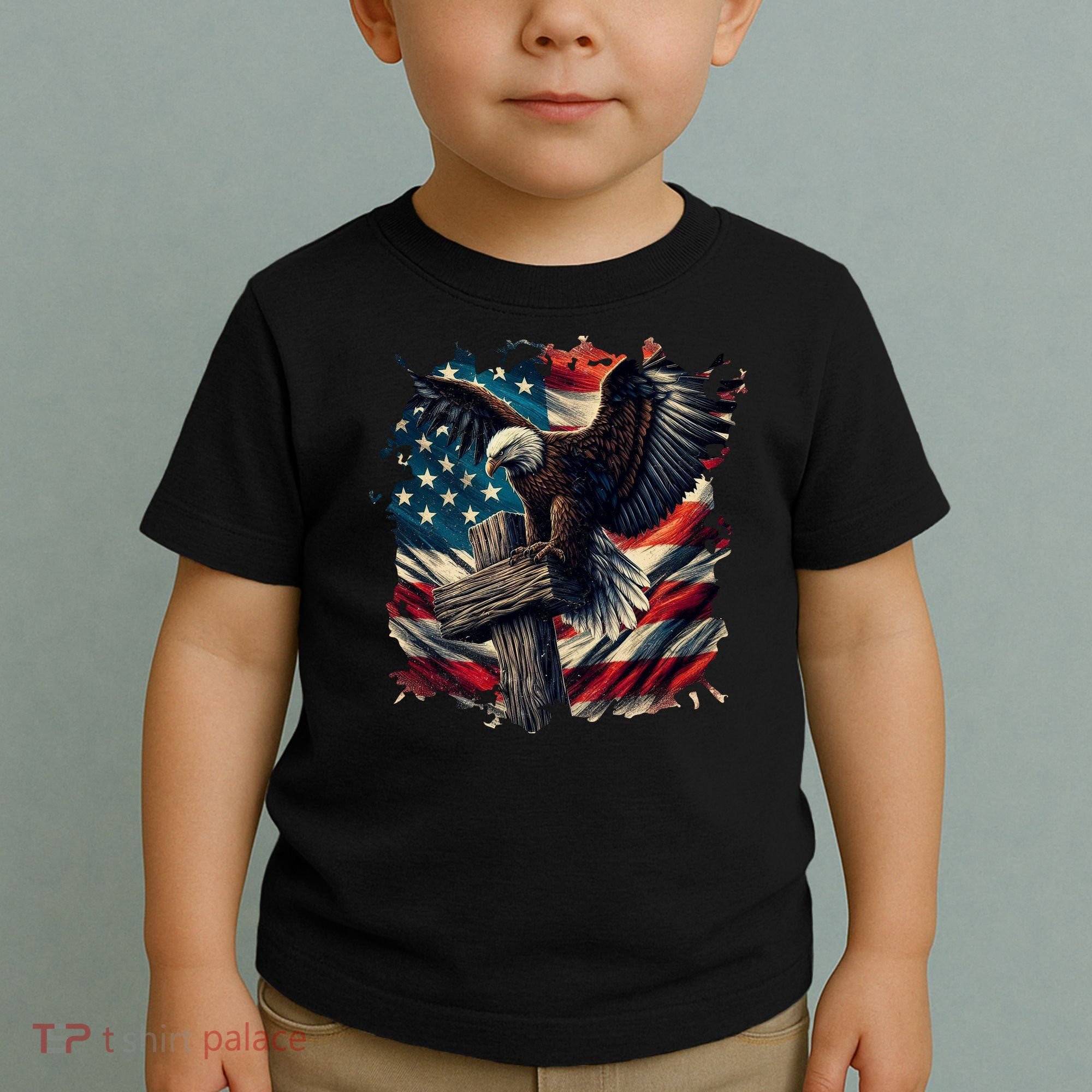 Grunge Distressed USA American Flag Christian Cross Eagle Toddler T-Shirt