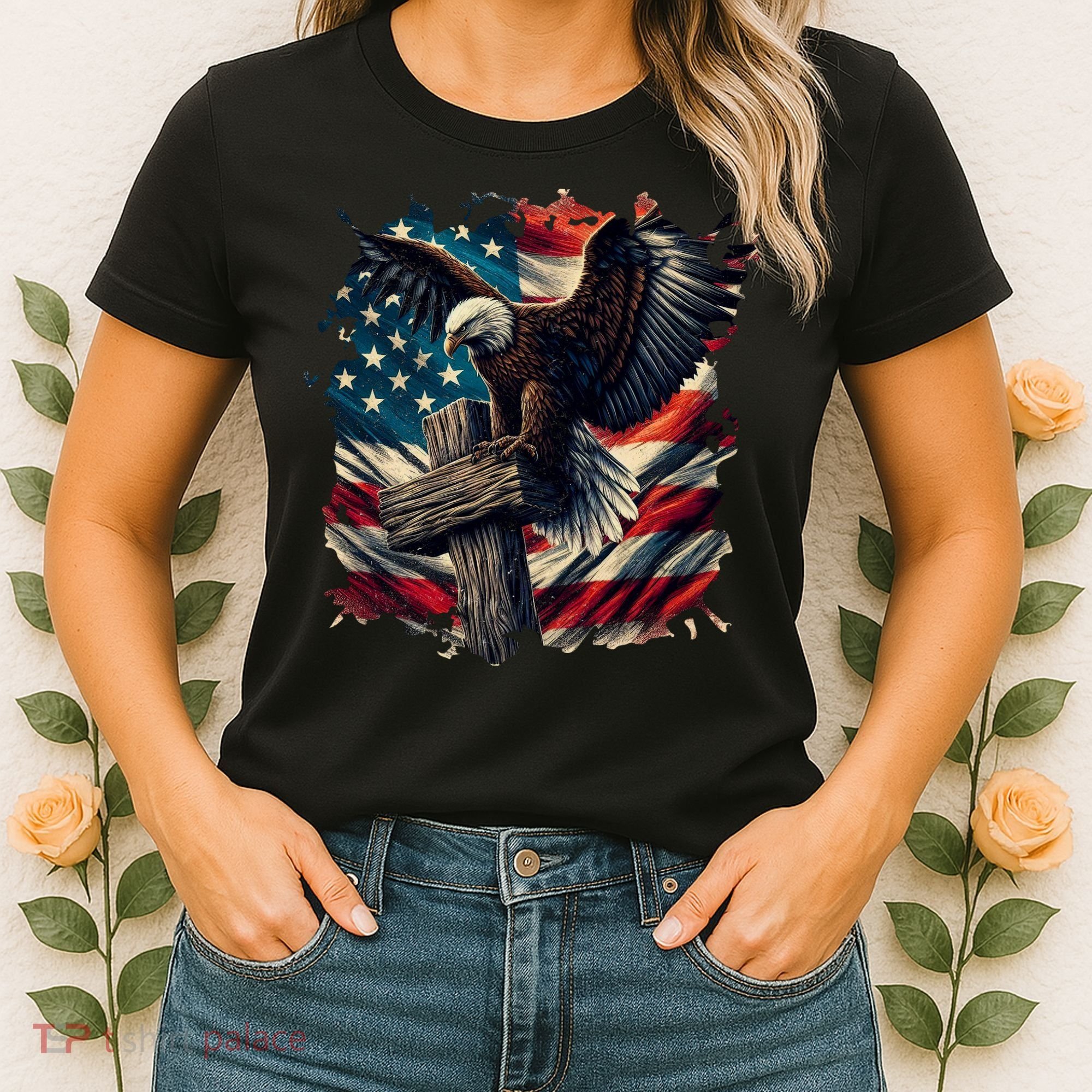 Grunge Distressed USA American Flag Christian Cross Eagle Women's T-Shirt