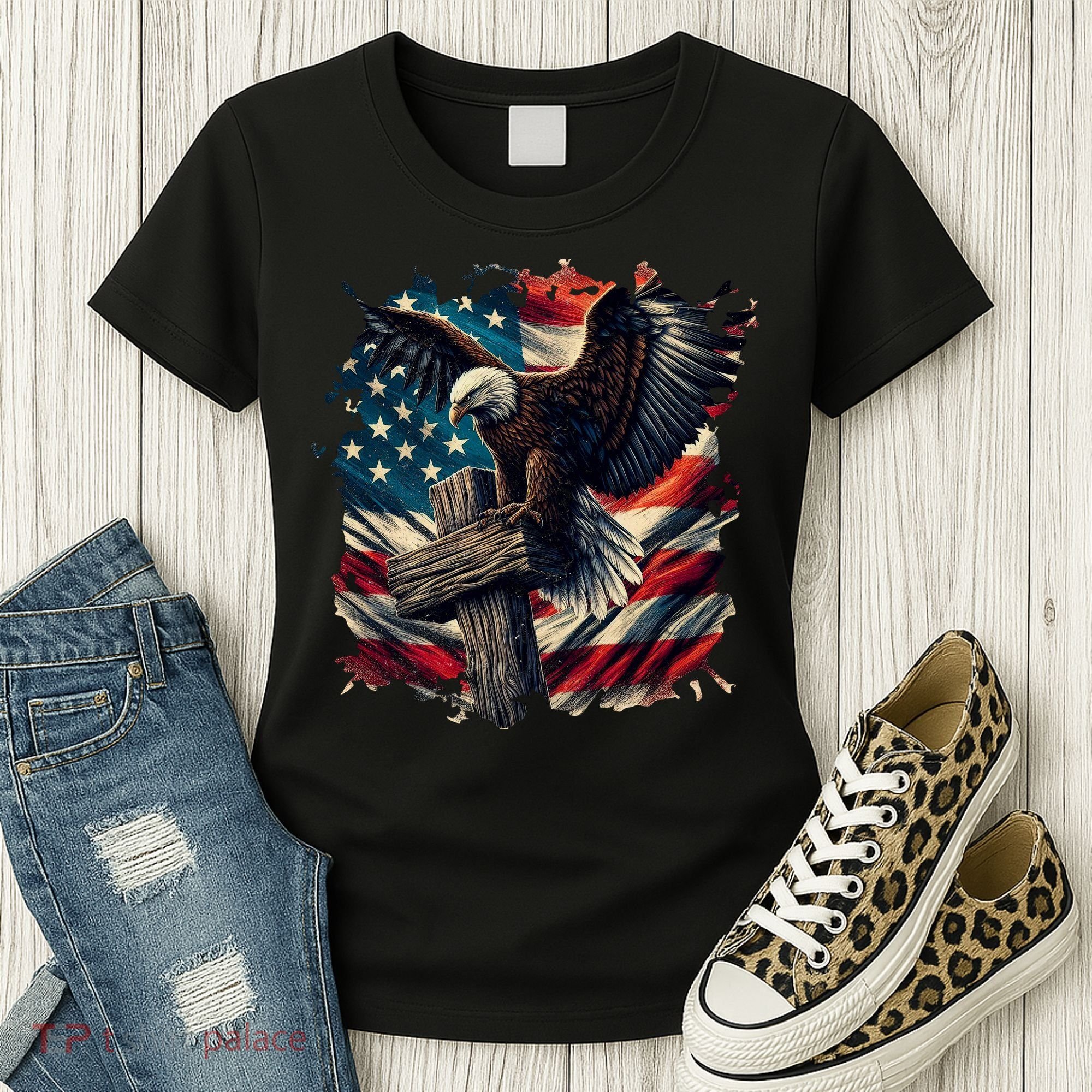 Grunge Distressed USA American Flag Christian Cross Eagle Women's T-Shirt