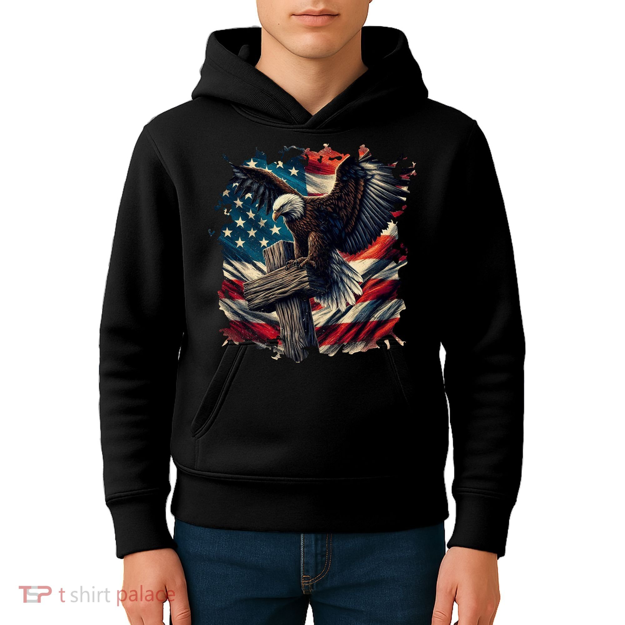 Grunge Distressed USA American Flag Christian Cross Eagle Kids Hoodie